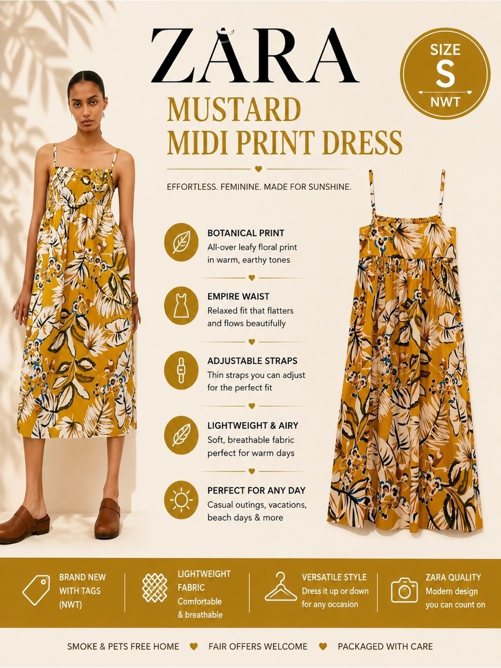 ZARA Mustard Floral Midi Dress Size S NWT Botanical Print Empire Waist Sundress